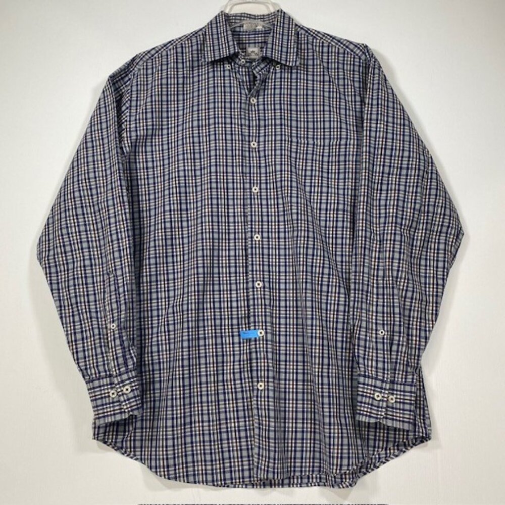 Peter Millar Men's Large Button Up Pocket‎ Long Sleeve Blue Plaid 100% Cotton